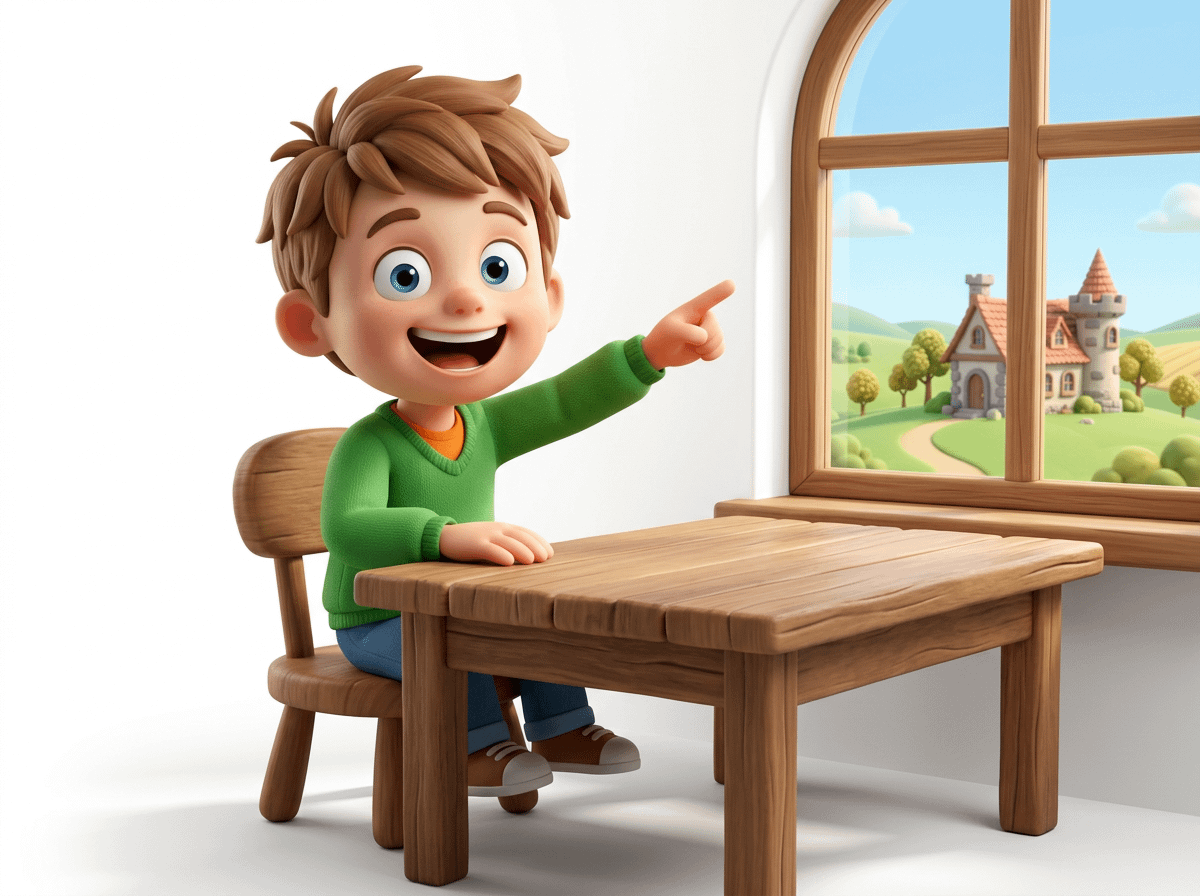Cheerful child pointing at a fairytale castle through a window
