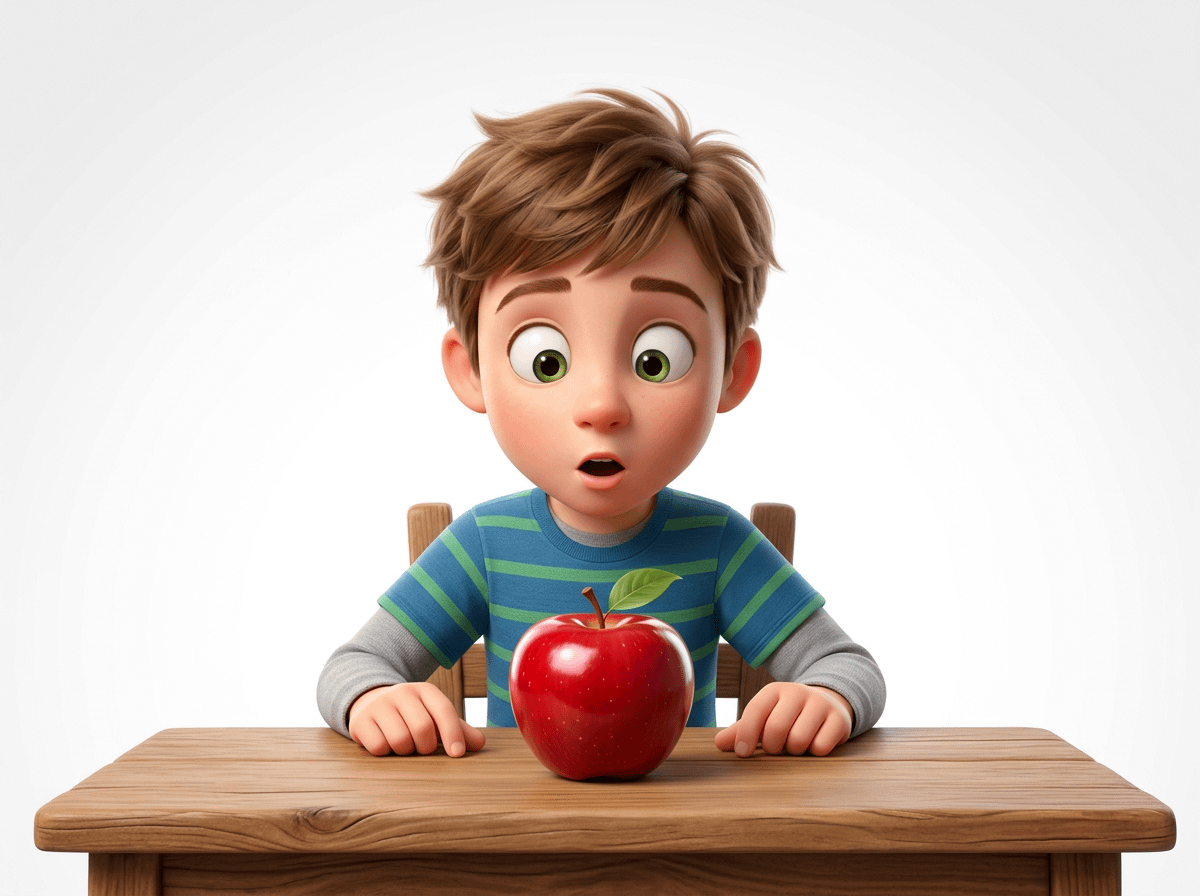Animated child looking surprised at a red apple on a wooden table