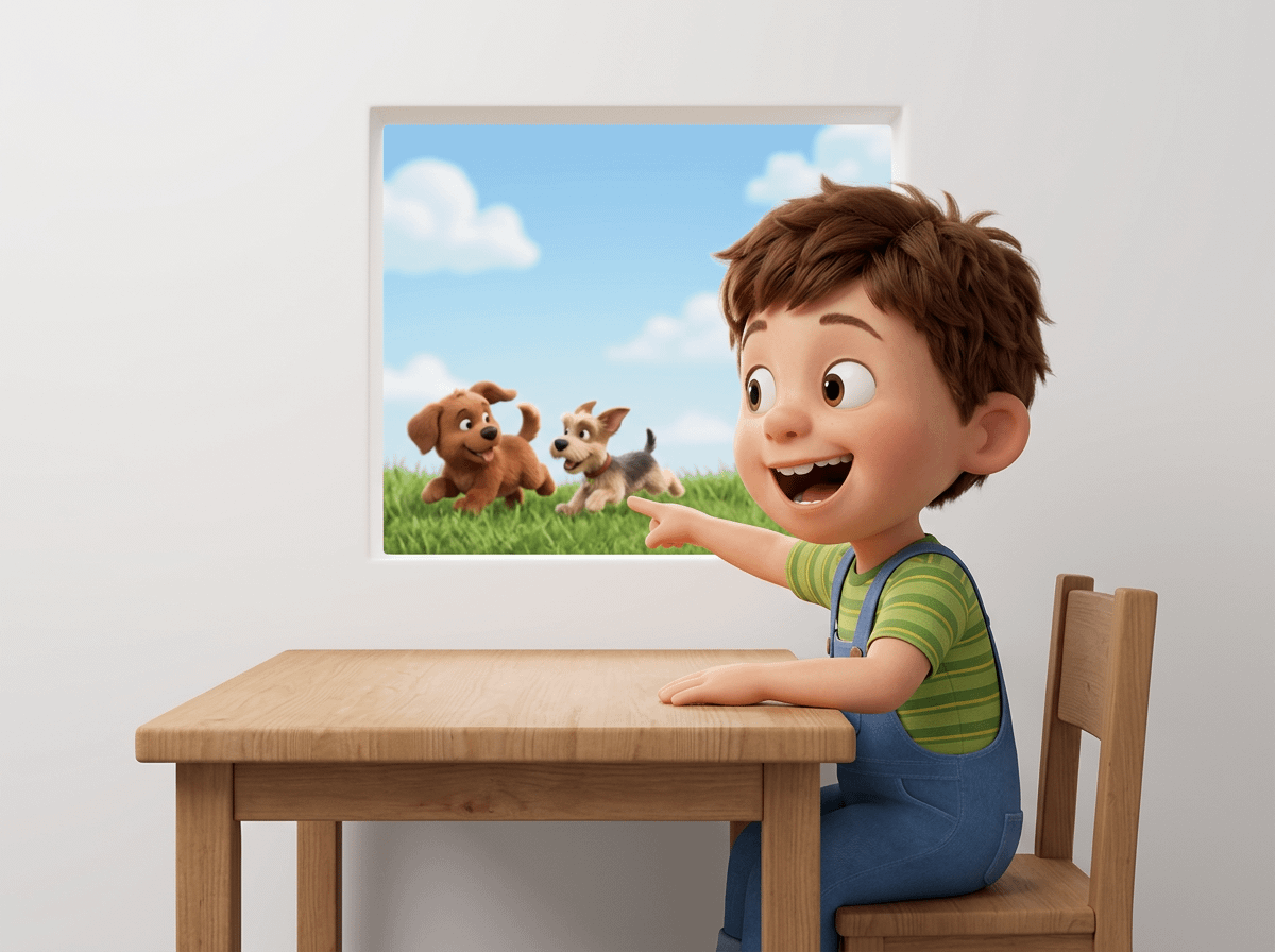 Cartoon child pointing at two playful dogs in a framed outdoor scene